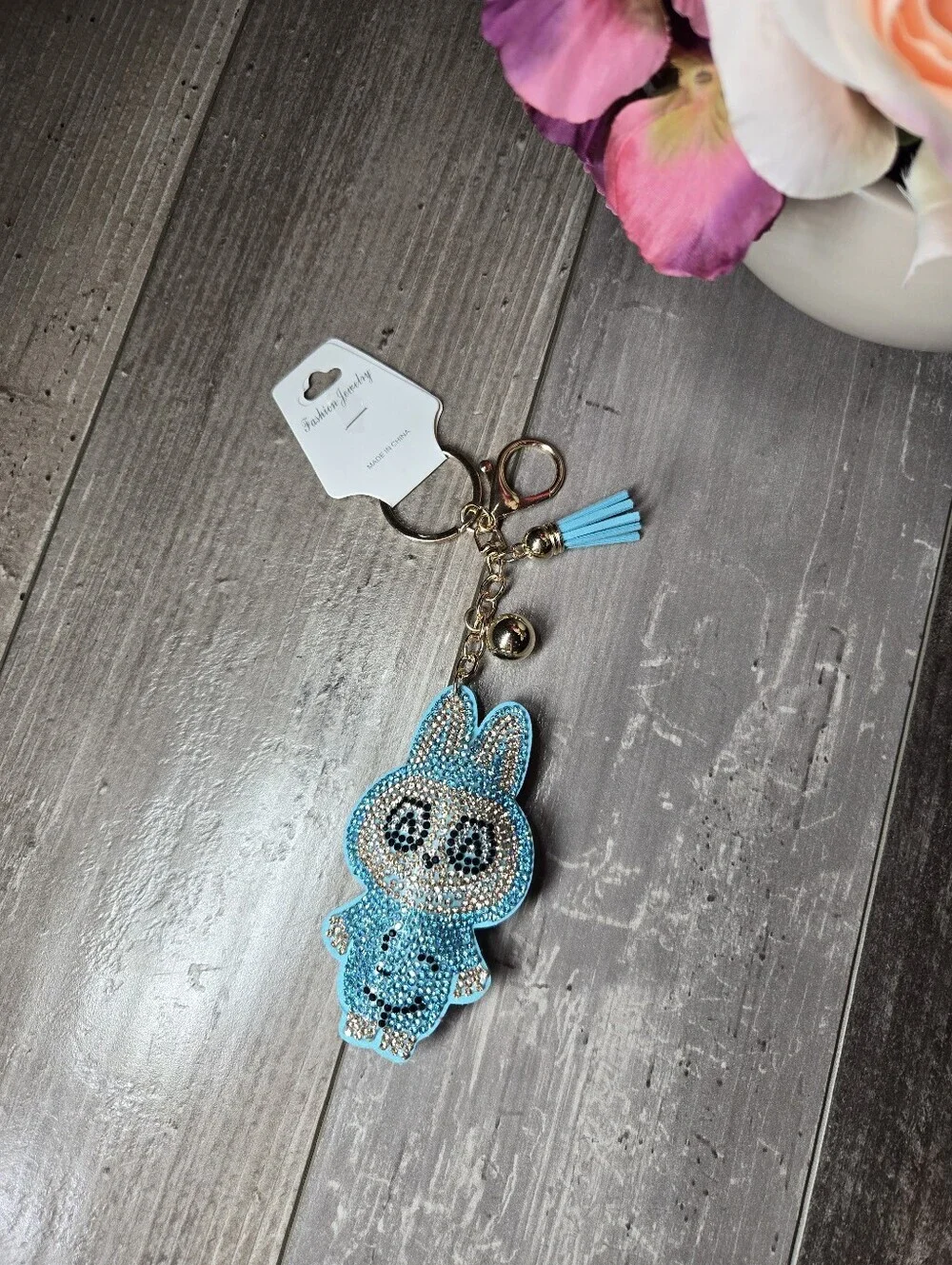 NWT Fashion Jewelry Sparkling Blue Labubu Inspired Gold Keyring Set with Charm